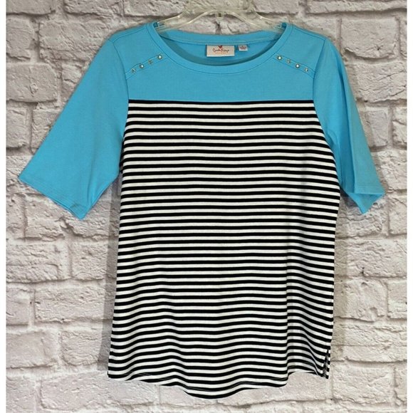 Quacker Factory Tops - Quacker Factory Striped Shirt Small Blue Black White Studs Rhinestones Top 8998